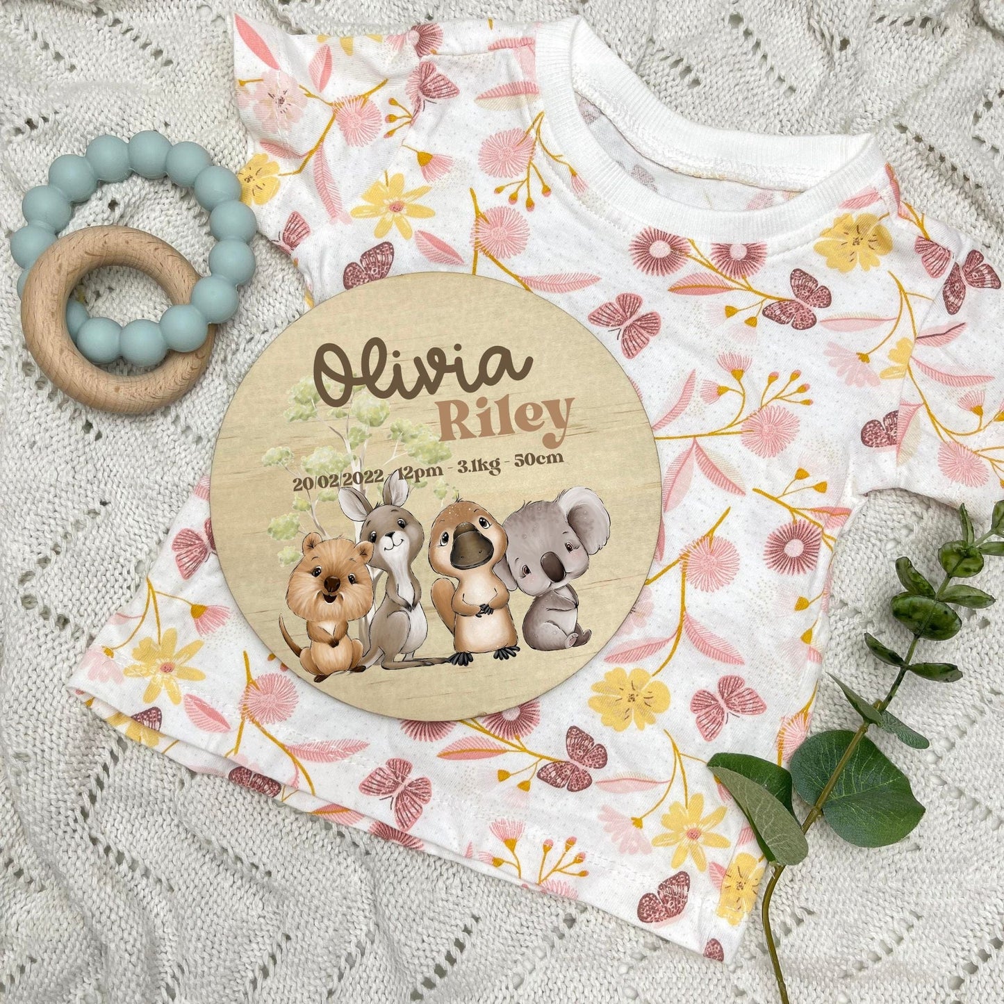 Baby birth stats sign, baby announcement disc, Aussie Animals, koala, kangaroo, kookaburra