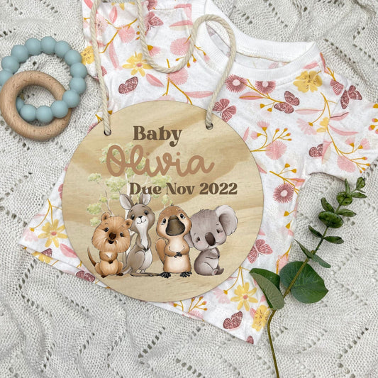 Pregnancy announcement disc, baby arrival sign, Aussie Animals, koala, kangaroo, kookaburra