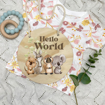 Hello World sign, baby announcement disc, Aussie Animals, koala, kangaroo, kookaburra