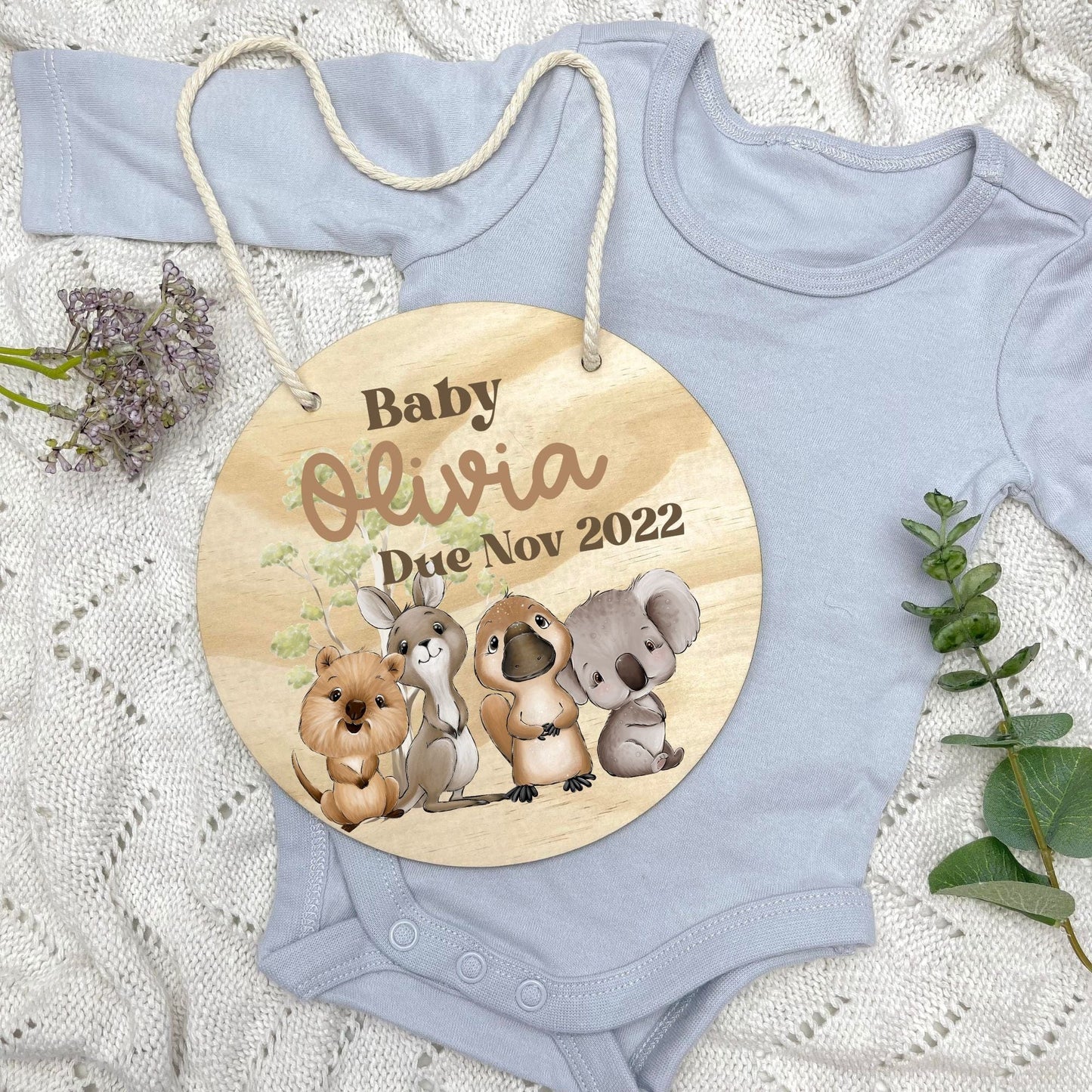 Pregnancy announcement disc, baby arrival sign, Aussie Animals, koala, kangaroo, kookaburra