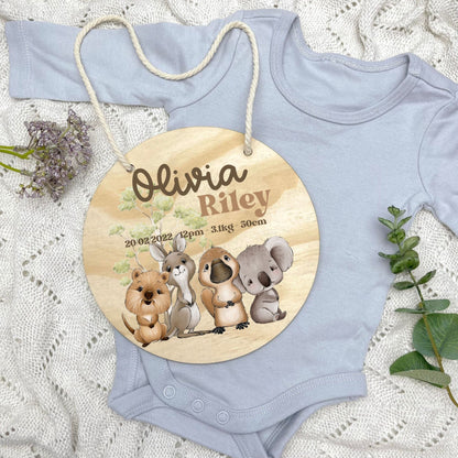 Baby birth stats sign, baby announcement disc, Aussie Animals, koala, kangaroo, kookaburra