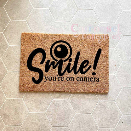 Smile, you're on camera doormat, custom doormat, personalised doormat, door mat