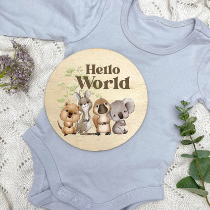 Hello World sign, baby announcement disc, Aussie Animals, koala, kangaroo, kookaburra