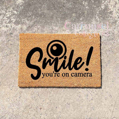 Smile, you're on camera doormat, custom doormat, personalised doormat, door mat