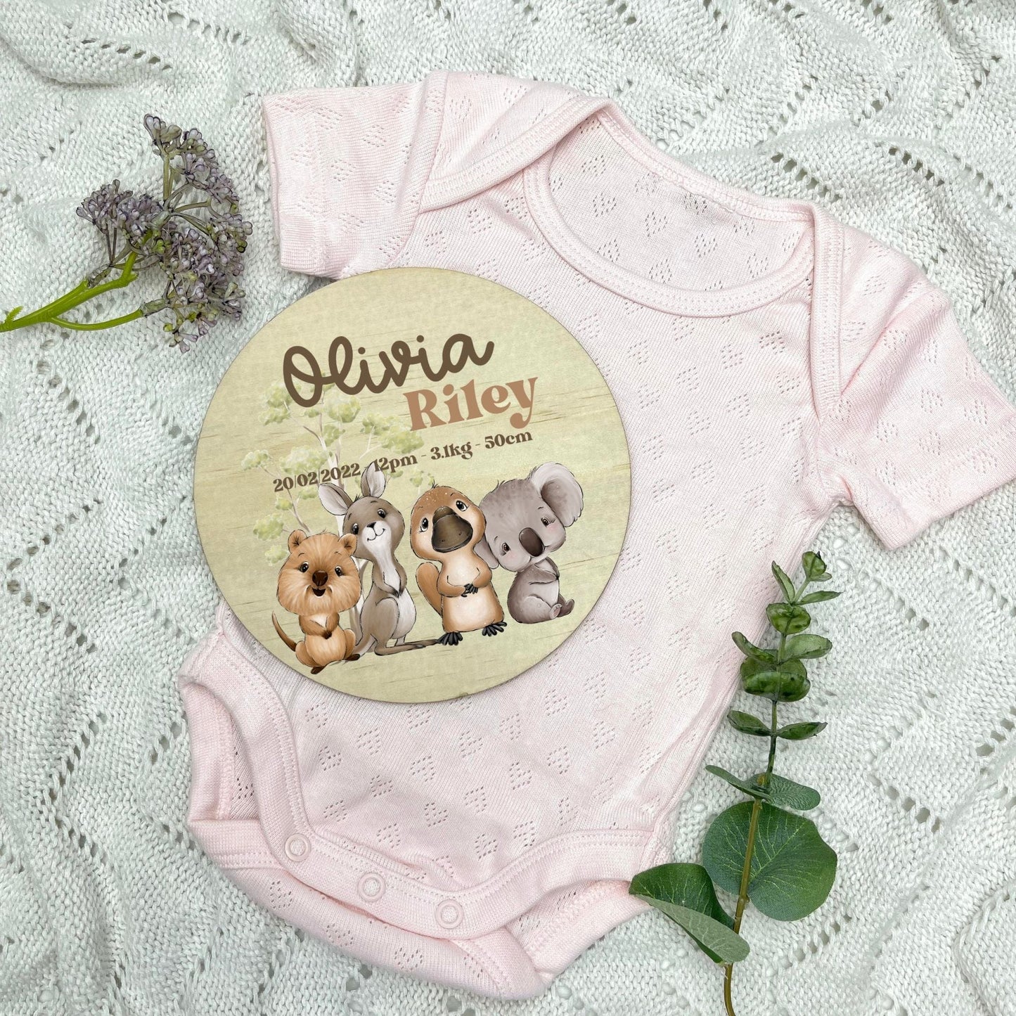 Baby birth stats sign, baby announcement disc, Aussie Animals, koala, kangaroo, kookaburra