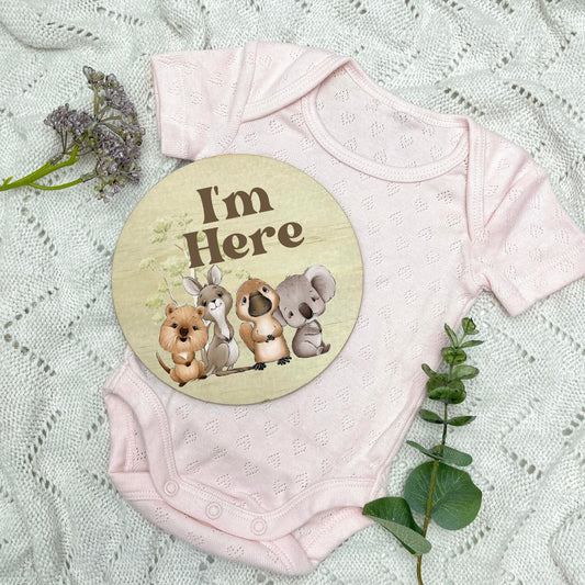 I'm here sign, baby announcement disc, Aussie Animals, koala, kangaroo, kookaburra