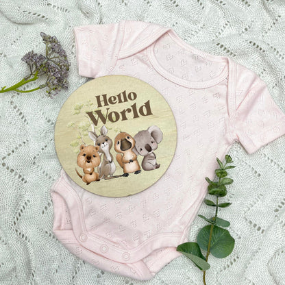 Hello World sign, baby announcement disc, Aussie Animals, koala, kangaroo, kookaburra