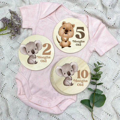 Aussie Animals newborn milestone discs, baby milestones, Aussie Animals, koala, kangaroo, kookaburra