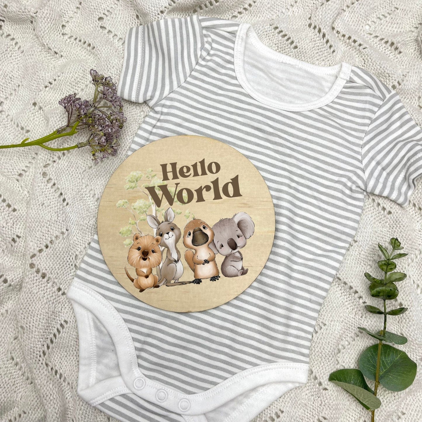 Hello World sign, baby announcement disc, Aussie Animals, koala, kangaroo, kookaburra