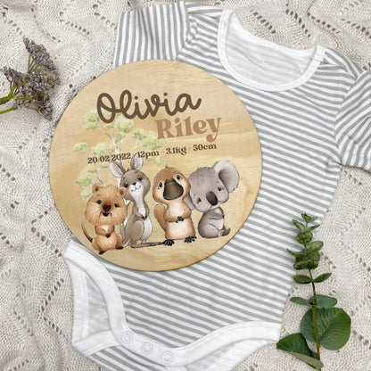 Baby birth stats sign, baby announcement disc, Aussie Animals, koala, kangaroo, kookaburra