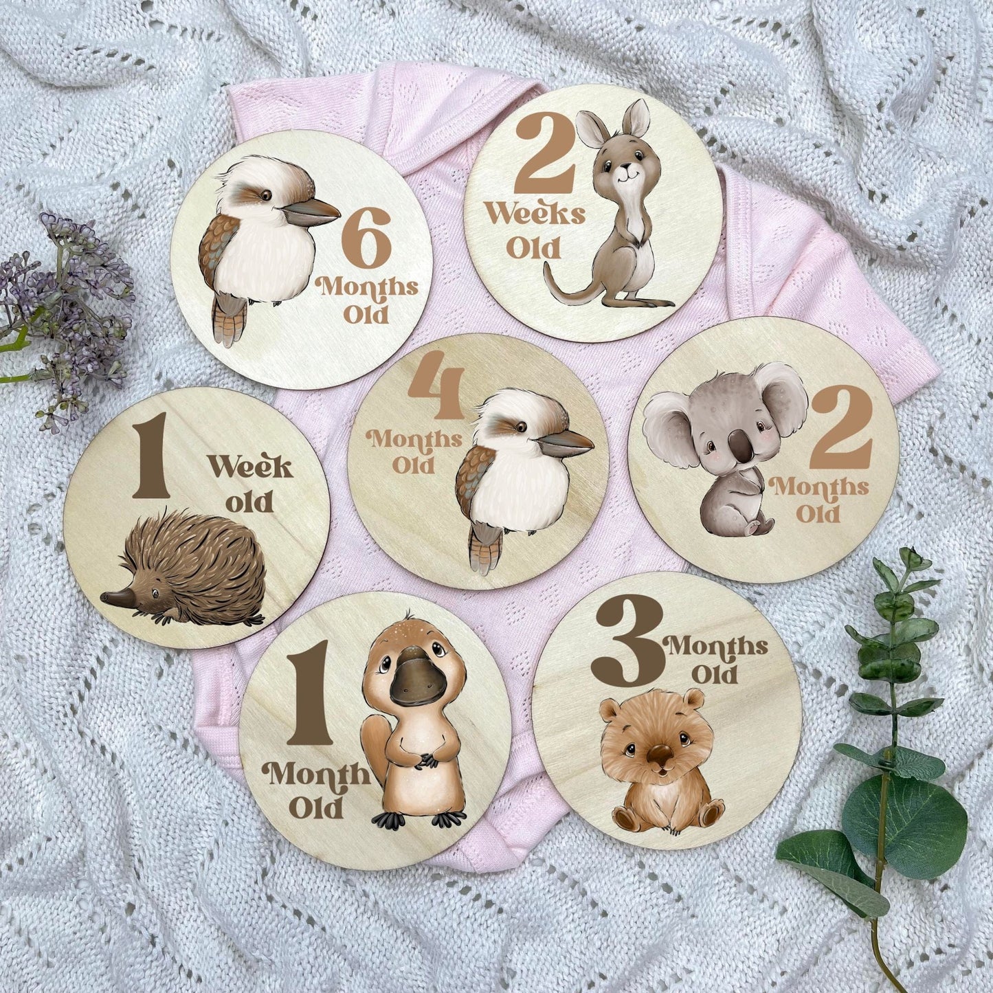 Aussie Animals newborn milestone discs, baby milestones, Aussie Animals, koala, kangaroo, kookaburra