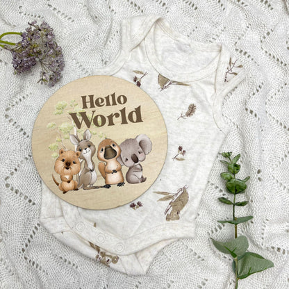 Hello World sign, baby announcement disc, Aussie Animals, koala, kangaroo, kookaburra