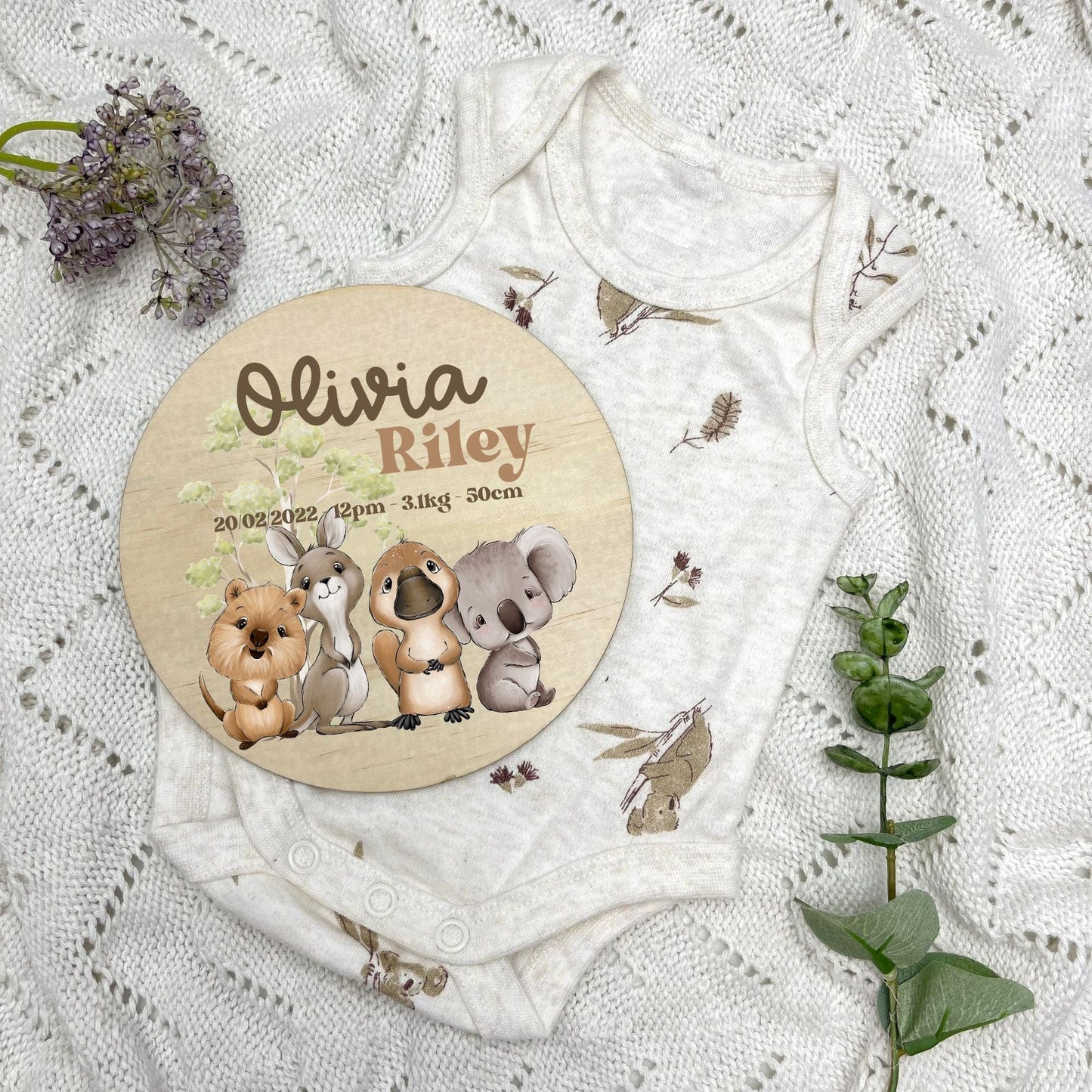 Baby birth stats sign, baby announcement disc, Aussie Animals, koala, kangaroo, kookaburra