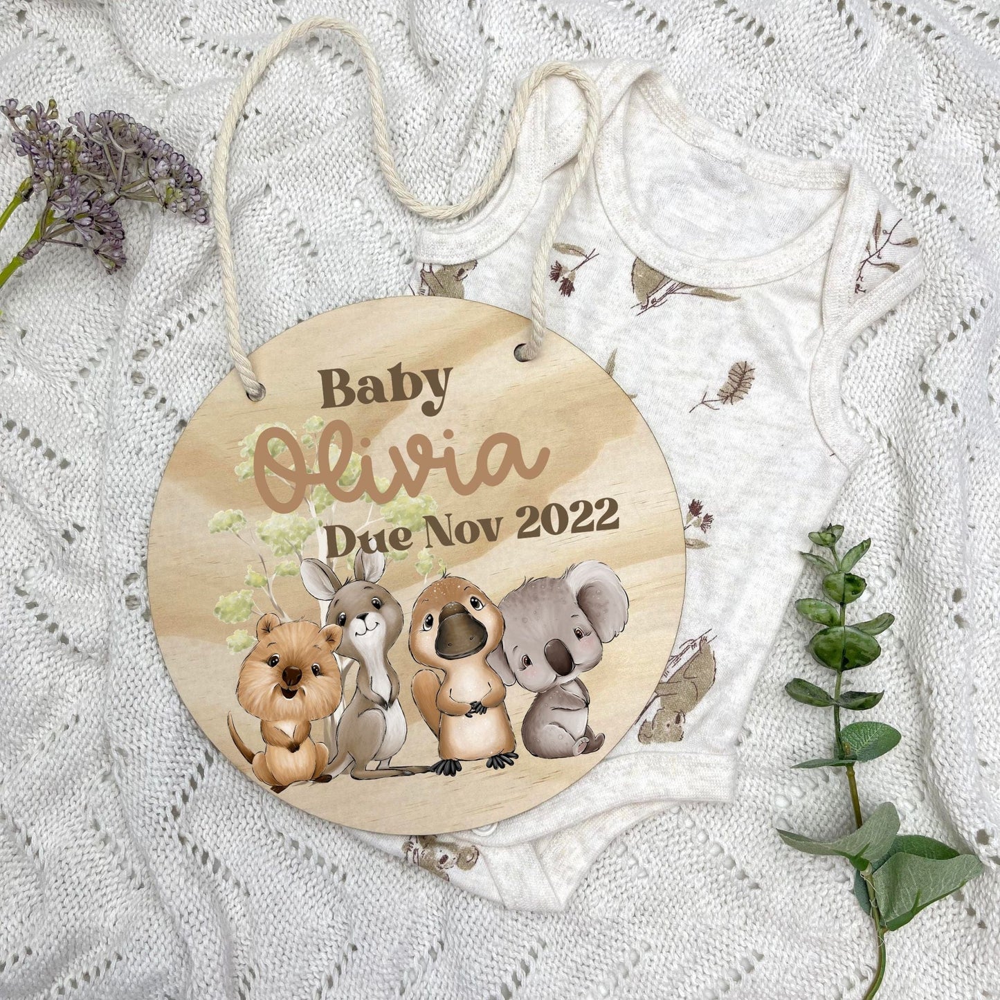 Pregnancy announcement disc, baby arrival sign, Aussie Animals, koala, kangaroo, kookaburra