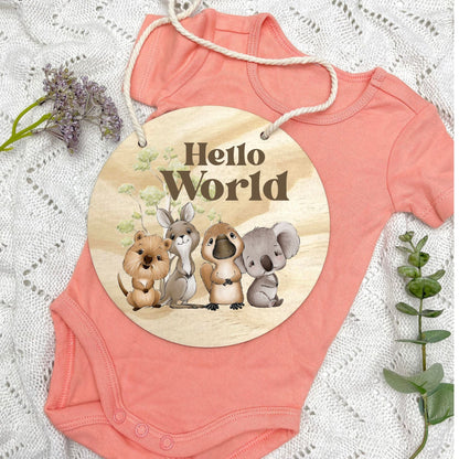 Hello World sign, baby announcement disc, Aussie Animals, koala, kangaroo, kookaburra