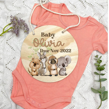 Pregnancy announcement disc, baby arrival sign, Aussie Animals, koala, kangaroo, kookaburra