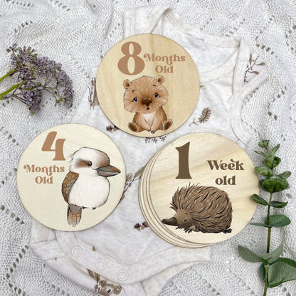 Aussie Animals newborn milestone discs, baby milestones, Aussie Animals, koala, kangaroo, kookaburra