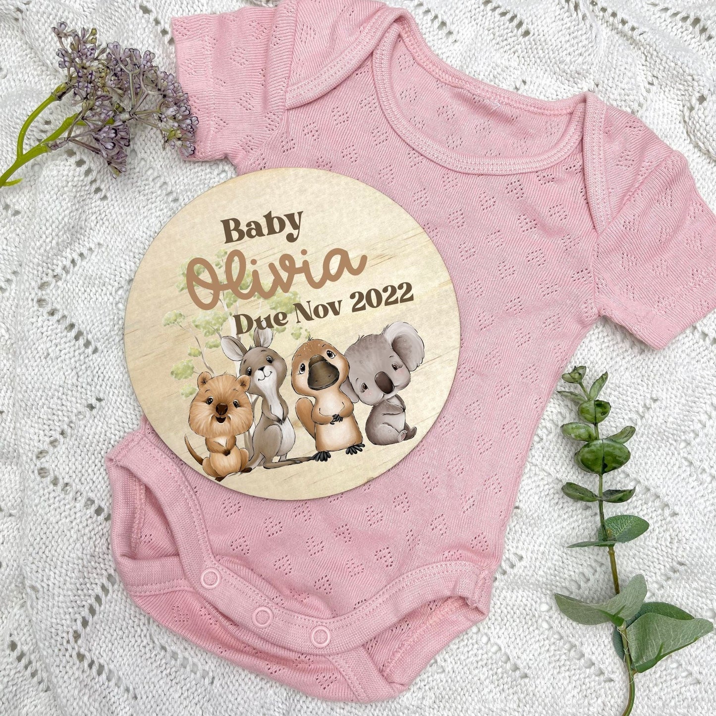 Pregnancy announcement disc, baby arrival sign, Aussie Animals, koala, kangaroo, kookaburra