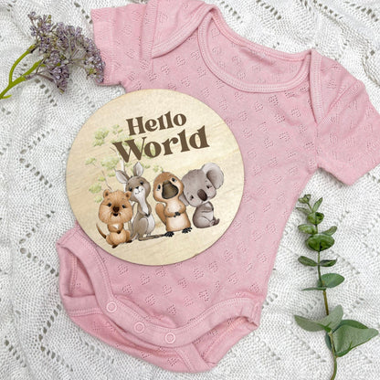 Hello World sign, baby announcement disc, Aussie Animals, koala, kangaroo, kookaburra