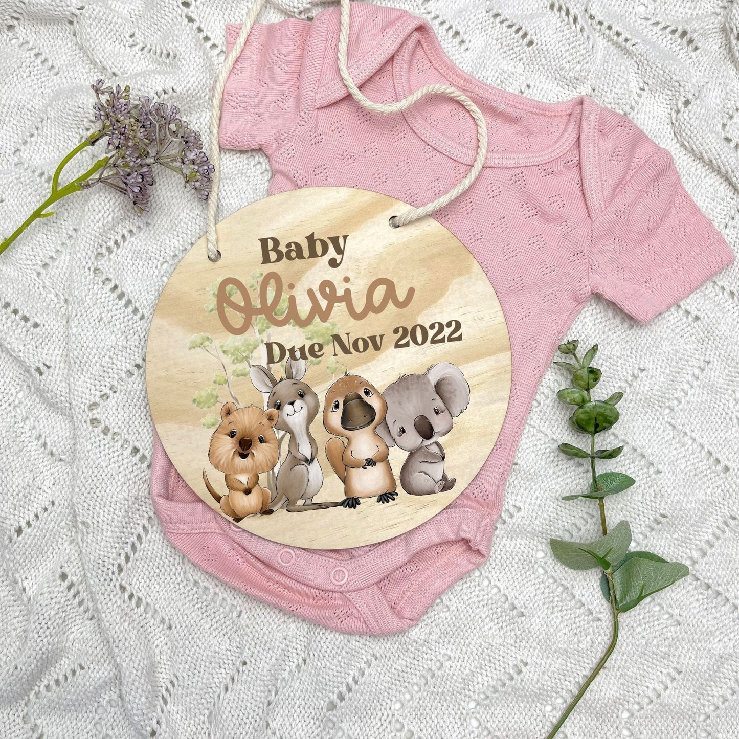 Pregnancy announcement disc, baby arrival sign, Aussie Animals, koala, kangaroo, kookaburra