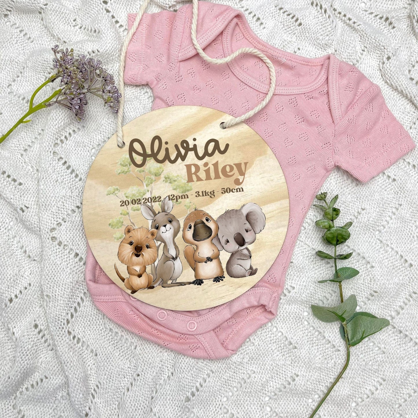 Baby birth stats sign, baby announcement disc, Aussie Animals, koala, kangaroo, kookaburra