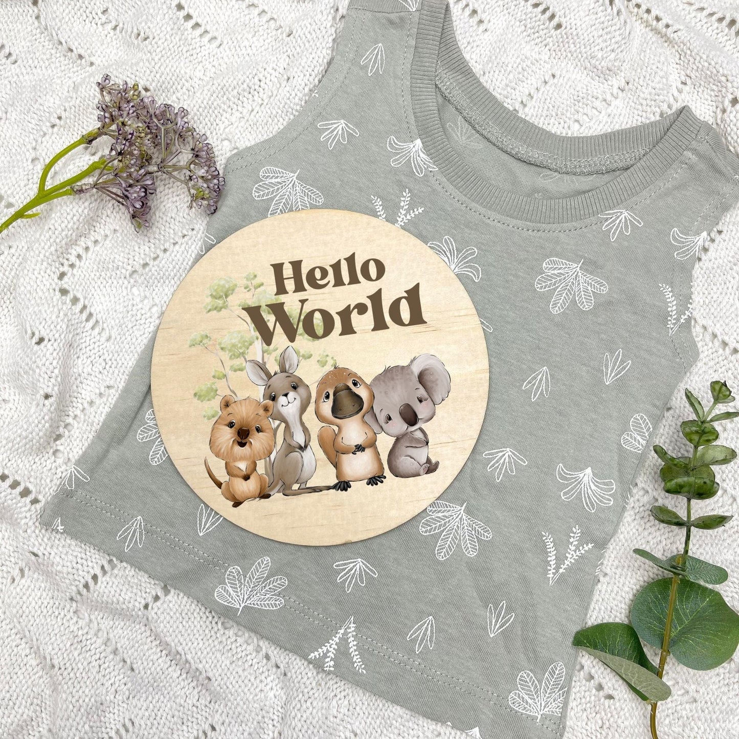 Hello World sign, baby announcement disc, Aussie Animals, koala, kangaroo, kookaburra