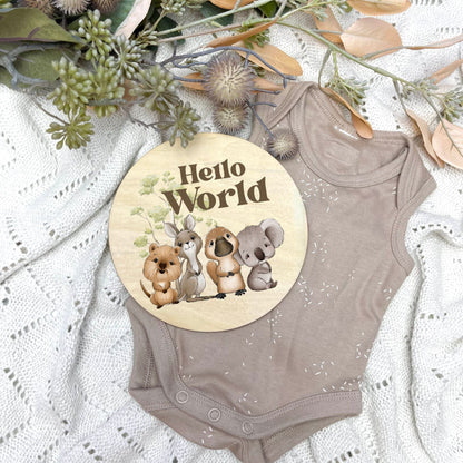 Hello World sign, baby announcement disc, Aussie Animals, koala, kangaroo, kookaburra