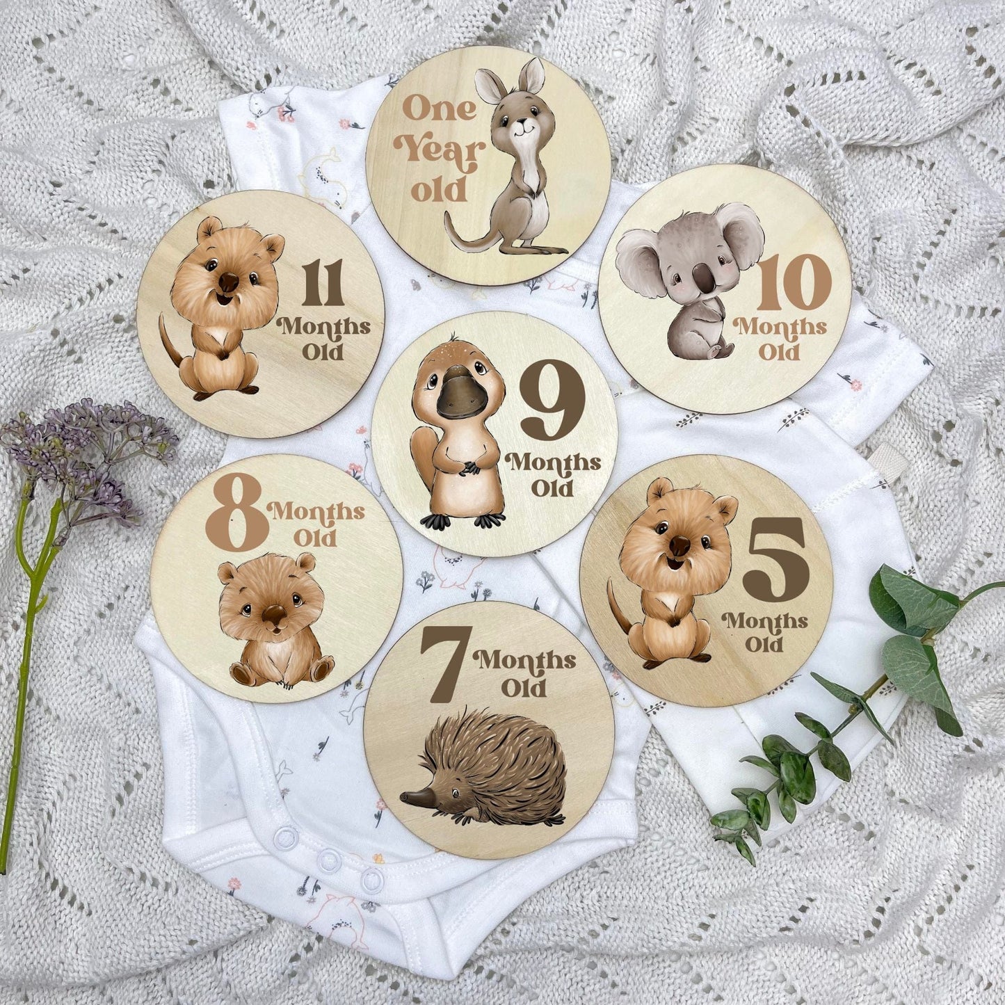 Aussie Animals newborn milestone discs, baby milestones, Aussie Animals, koala, kangaroo, kookaburra