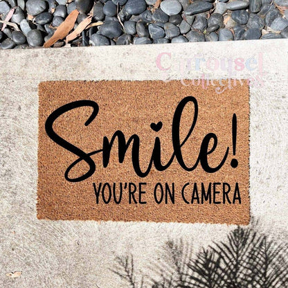 Smile, you're on camera doormat, custom doormat, personalised doormat, door mat