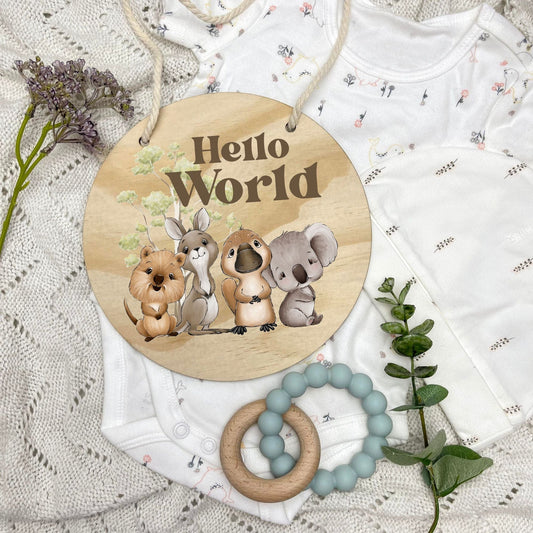 Hello World sign, baby announcement disc, Aussie Animals, koala, kangaroo, kookaburra