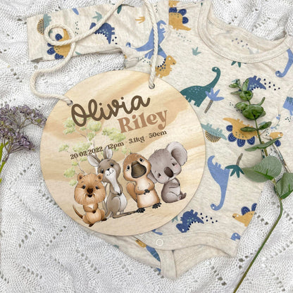 Baby birth stats sign, baby announcement disc, Aussie Animals, koala, kangaroo, kookaburra