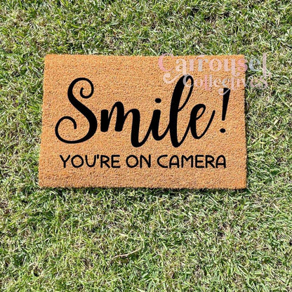 Smile, you're on camera doormat, custom doormat, personalised doormat, door mat