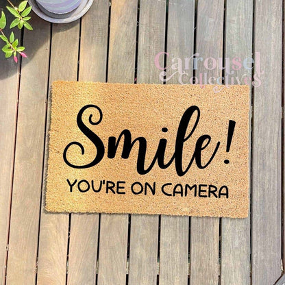 Smile, you're on camera doormat, custom doormat, personalised doormat, door mat