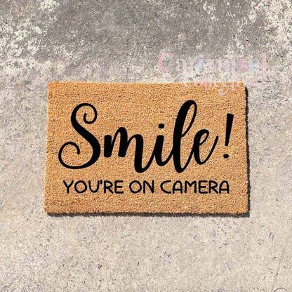 Smile, you're on camera doormat, custom doormat, personalised doormat, door mat