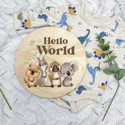 Hello World sign, baby announcement disc, Aussie Animals, koala, kangaroo, kookaburra