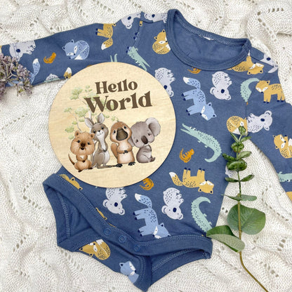 Hello World sign, baby announcement disc, Aussie Animals, koala, kangaroo, kookaburra