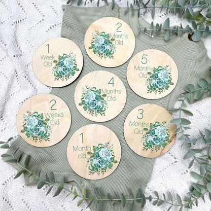 Newborn milestone discs, baby milestone discs, blue rose floral set, floral nursery