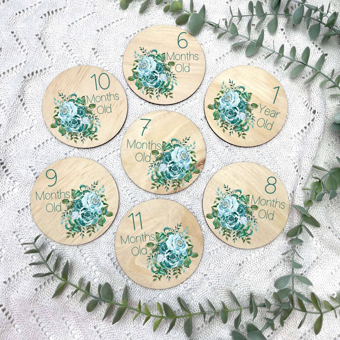 Newborn milestone discs, baby milestone discs, blue rose floral set, floral nursery