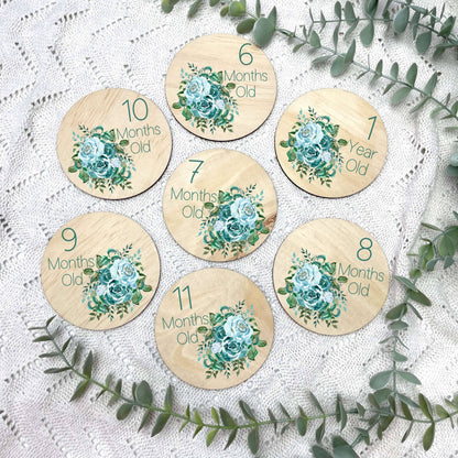 Newborn milestone discs, baby milestone discs, blue rose floral set, floral nursery