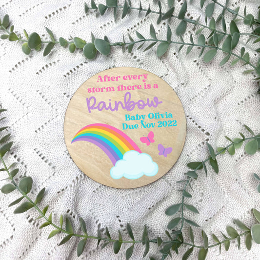 After every storm comes a rainbow sign, baby announcement disc, rainbow baby, rainbow nursery, IVF baby