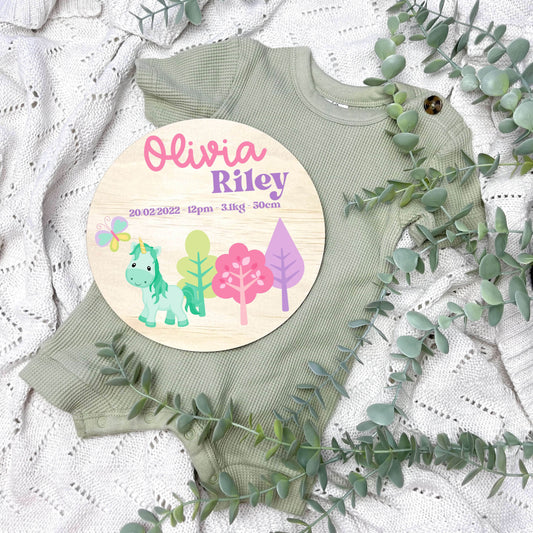 Baby birth stats sign, baby announcement disc, little pony nursery, ponies nursery, girls gift