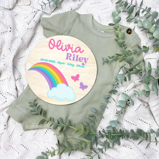 Baby birth stats sign, baby announcement disc, rainbow baby, rainbow nursery, IVF baby