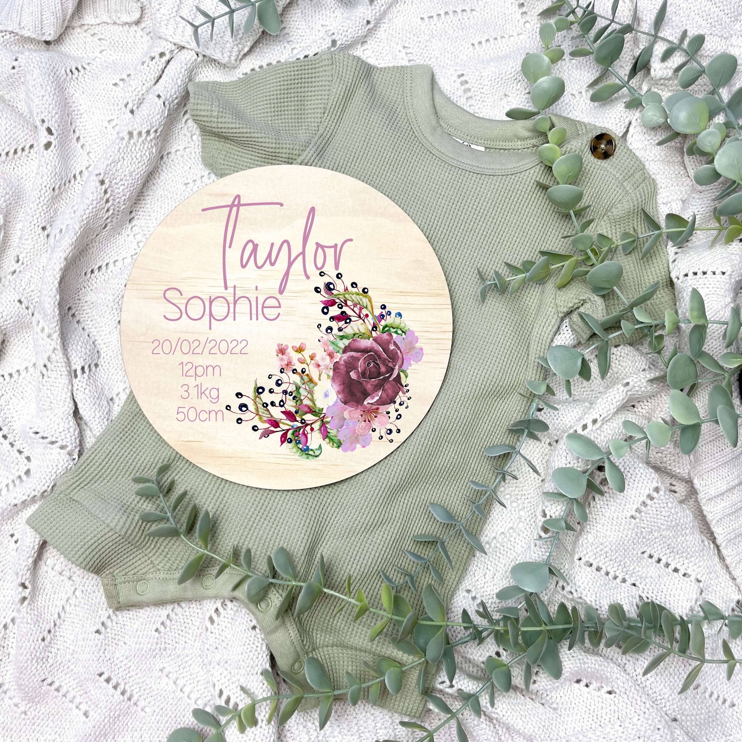 Baby birth stats sign, baby announcement disc, floral nursery, flowers, girls room