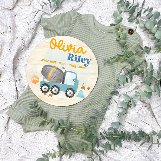Baby birth stats sign, baby announcement disc, Construction nursery, crane theme, digger