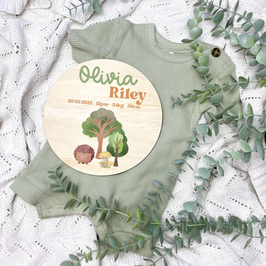 Baby birth stats sign, baby announcement disc, woodland animals, animals nursery, kids nursery