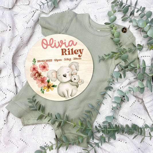 Baby birth stats sign, baby announcement disc, Aussie Animals, koala, baby koalas