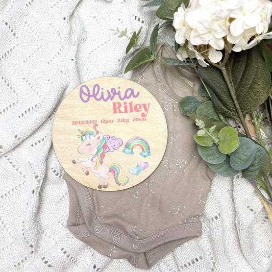 Baby birth stats sign, baby announcement disc, unicorns, colourful unicorns, girls unicorn