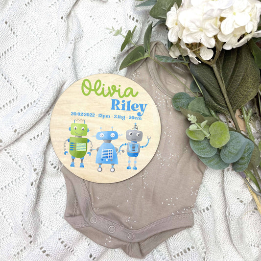 Baby birth stats sign, baby announcement disc, Robotics, robot nursery, boys robot room