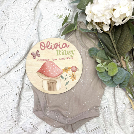 Baby birth stats sign, baby announcement disc, Fairy theme, fairy garden, girl nursery