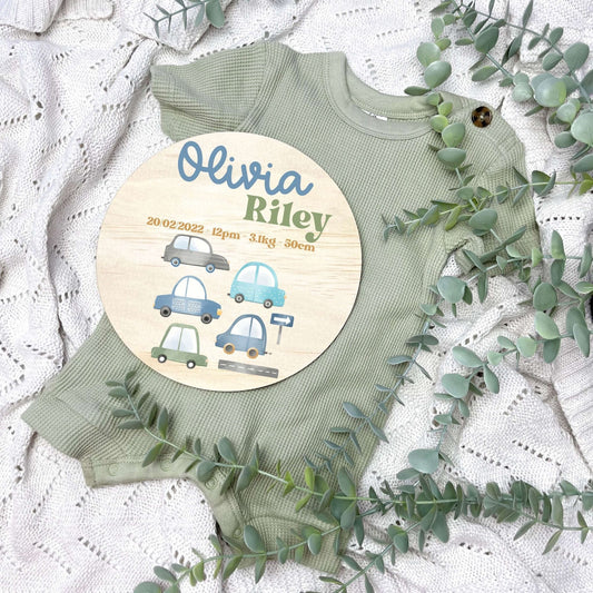 Baby birth stats sign, baby announcement disc, Toy cars, cars theme, boys nursery